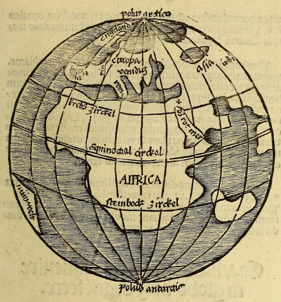 An illustration from Globus mundi : declaratio siue descriptio mundi et totius orbis terrarum. globulo rotundo comparati vt spera solida. Qua cuiuis etia[m] mediocriter docto ad oculu[m] videre licet antipodes esse. quo[rum] pedes nostris oppositi sunt. Et qualiter in vnaqua[que] orbis parte homines vitam agere queunt salutare[m]. sole singula terr[a]e loca illustrante: qu[a]e tamen terra in vacuo aere pendere videtur: solo dei nutu suste[n]tata. alijs[que] permultis de quarta orbis terraru[m] parte nuper ab Americo reperta, 1509, leaf 25
