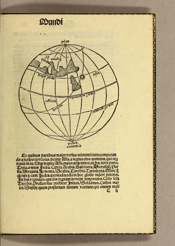 An illustration from Globus mundi : declaratio siue descriptio mundi et totius orbis terrarum. globulo rotundo comparati vt spera solida. Qua cuiuis etia[m] mediocriter docto ad oculu[m] videre licet antipodes esse. quo[rum] pedes nostris oppositi sunt. Et qualiter in vnaqua[que] orbis parte homines vitam agere queunt salutare[m]. sole singula terr[a]e loca illustrante: qu[a]e tamen terra in vacuo aere pendere videtur: solo dei nutu suste[n]tata. alijs[que] permultis de quarta orbis terraru[m] parte nuper ab Americo reperta, 1509, leaf 27