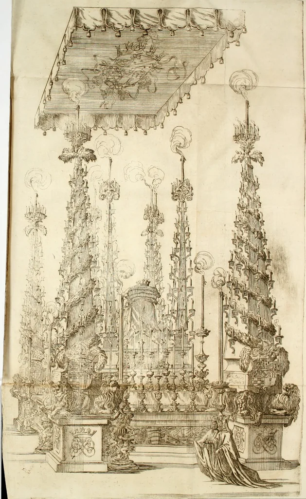 An illustration from Gloriae theatrum : dicatum excellentissimae dominae D. Felici Sandoualiae Henriquiae, Vcedae duci extinctae, ab excellentissimo domino D. Gasparetellio Gironio, Vrsaonis duce, Vreniae comite, Insubrum praefecto, regijque in Italia exercitus imperatore : in solemnibus eius inferijs Mediolani, anno 1671 die 26 Octobris, 1671, leaf 23