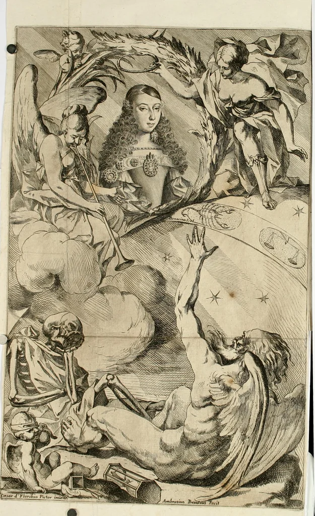 An illustration from Gloriae theatrum : dicatum excellentissimae dominae D. Felici Sandoualiae Henriquiae, Vcedae duci extinctae, ab excellentissimo domino D. Gasparetellio Gironio, Vrsaonis duce, Vreniae comite, Insubrum praefecto, regijque in Italia exercitus imperatore : in solemnibus eius inferijs Mediolani, anno 1671 die 26 Octobris, 1671, leaf 4