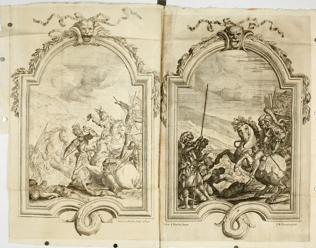 An illustration from Gloriae theatrum : dicatum excellentissimae dominae D. Felici Sandoualiae Henriquiae, Vcedae duci extinctae, ab excellentissimo domino D. Gasparetellio Gironio, Vrsaonis duce, Vreniae comite, Insubrum praefecto, regijque in Italia exercitus imperatore : in solemnibus eius inferijs Mediolani, anno 1671 die 26 Octobris, 1671, leaf 46