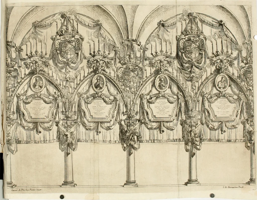 An illustration from Gloriae theatrum : dicatum excellentissimae dominae D. Felici Sandoualiae Henriquiae, Vcedae duci extinctae, ab excellentissimo domino D. Gasparetellio Gironio, Vrsaonis duce, Vreniae comite, Insubrum praefecto, regijque in Italia exercitus imperatore : in solemnibus eius inferijs Mediolani, anno 1671 die 26 Octobris, 1671, leaf 51