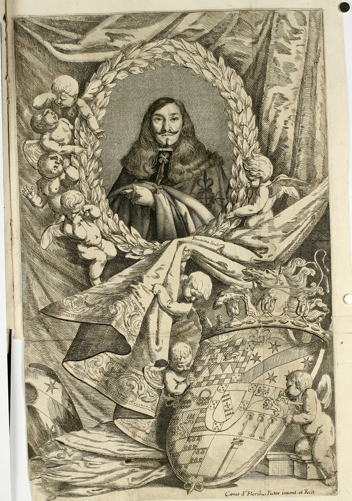 An illustration from Gloriae theatrum : dicatum excellentissimae dominae D. Felici Sandoualiae Henriquiae, Vcedae duci extinctae, ab excellentissimo domino D. Gasparetellio Gironio, Vrsaonis duce, Vreniae comite, Insubrum praefecto, regijque in Italia exercitus imperatore : in solemnibus eius inferijs Mediolani, anno 1671 die 26 Octobris, 1671, leaf 7