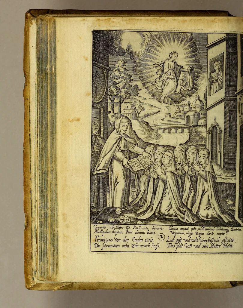 An illustration from Gloriosus Franciscus rediuiuus : siue chronica observantiæ strictioris, reparatæ, reductæ, ac reformatæ; eiusdemque per Christianos orbes, non solùm, sed & Americam, Peru, Chinas, Iapones, Chichemecas, Zatachecas; Indos Orientis, & occidui solis, Turcas, & barbaras gentes, diffusæ, & euangelio fructificantis. Distincta VI. libris, & 28. figuris æneis ornata, 1625, leaf 102