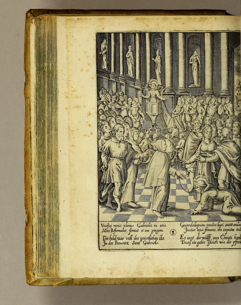 An illustration from Gloriosus Franciscus rediuiuus : siue chronica observantiæ strictioris, reparatæ, reductæ, ac reformatæ; eiusdemque per Christianos orbes, non solùm, sed & Americam, Peru, Chinas, Iapones, Chichemecas, Zatachecas; Indos Orientis, & occidui solis, Turcas, & barbaras gentes, diffusæ, & euangelio fructificantis. Distincta VI. libris, & 28. figuris æneis ornata, 1625, leaf 124