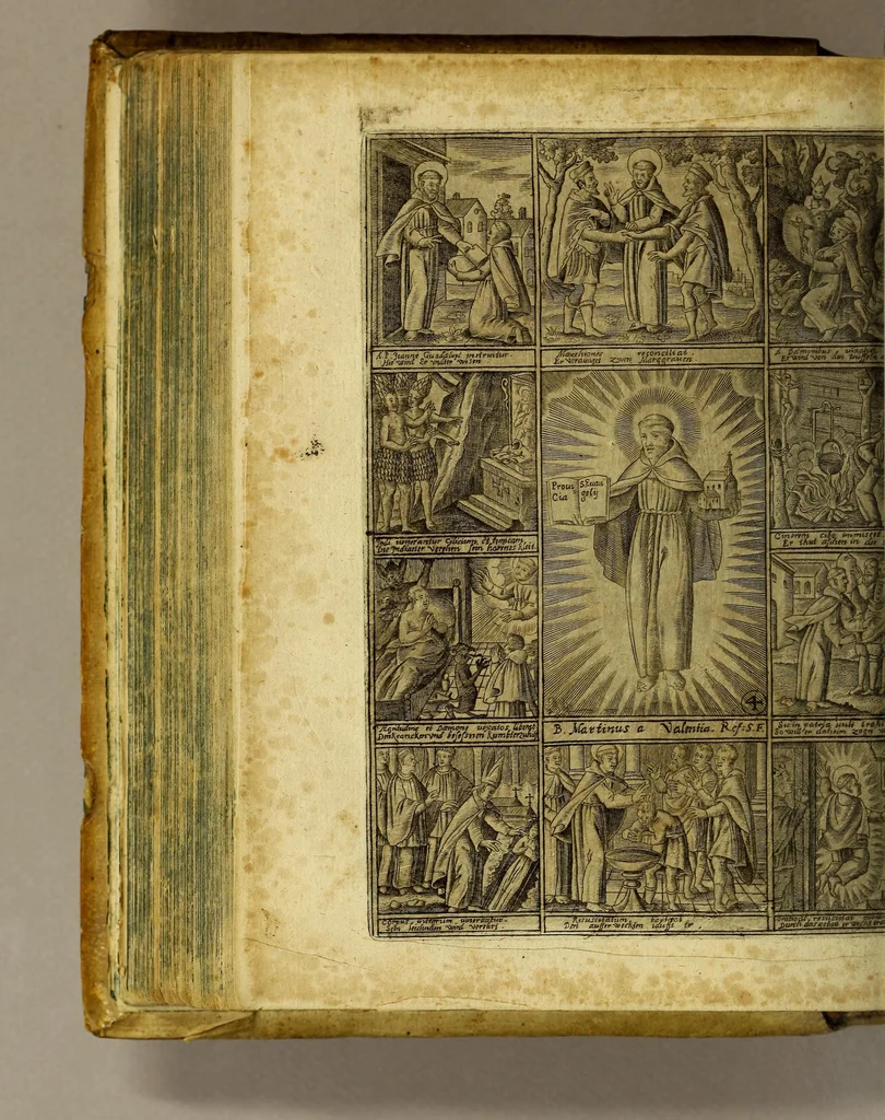 An illustration from Gloriosus Franciscus rediuiuus : siue chronica observantiæ strictioris, reparatæ, reductæ, ac reformatæ; eiusdemque per Christianos orbes, non solùm, sed & Americam, Peru, Chinas, Iapones, Chichemecas, Zatachecas; Indos Orientis, & occidui solis, Turcas, & barbaras gentes, diffusæ, & euangelio fructificantis. Distincta VI. libris, & 28. figuris æneis ornata, 1625, leaf 188