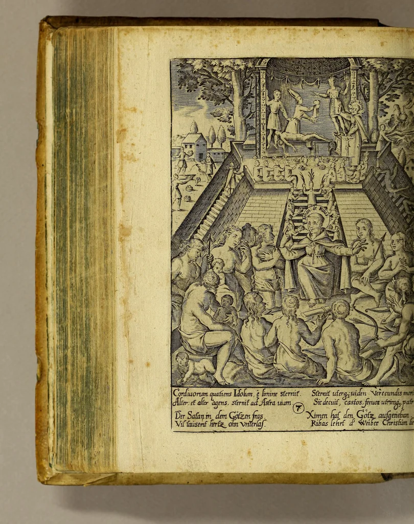 An illustration from Gloriosus Franciscus rediuiuus : siue chronica observantiæ strictioris, reparatæ, reductæ, ac reformatæ; eiusdemque per Christianos orbes, non solùm, sed & Americam, Peru, Chinas, Iapones, Chichemecas, Zatachecas; Indos Orientis, & occidui solis, Turcas, & barbaras gentes, diffusæ, & euangelio fructificantis. Distincta VI. libris, & 28. figuris æneis ornata, 1625, leaf 256