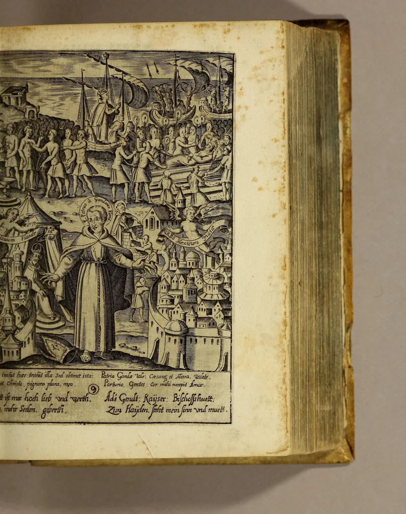 An illustration from Gloriosus Franciscus rediuiuus : siue chronica observantiæ strictioris, reparatæ, reductæ, ac reformatæ; eiusdemque per Christianos orbes, non solùm, sed & Americam, Peru, Chinas, Iapones, Chichemecas, Zatachecas; Indos Orientis, & occidui solis, Turcas, & barbaras gentes, diffusæ, & euangelio fructificantis. Distincta VI. libris, & 28. figuris æneis ornata, 1625, leaf 273