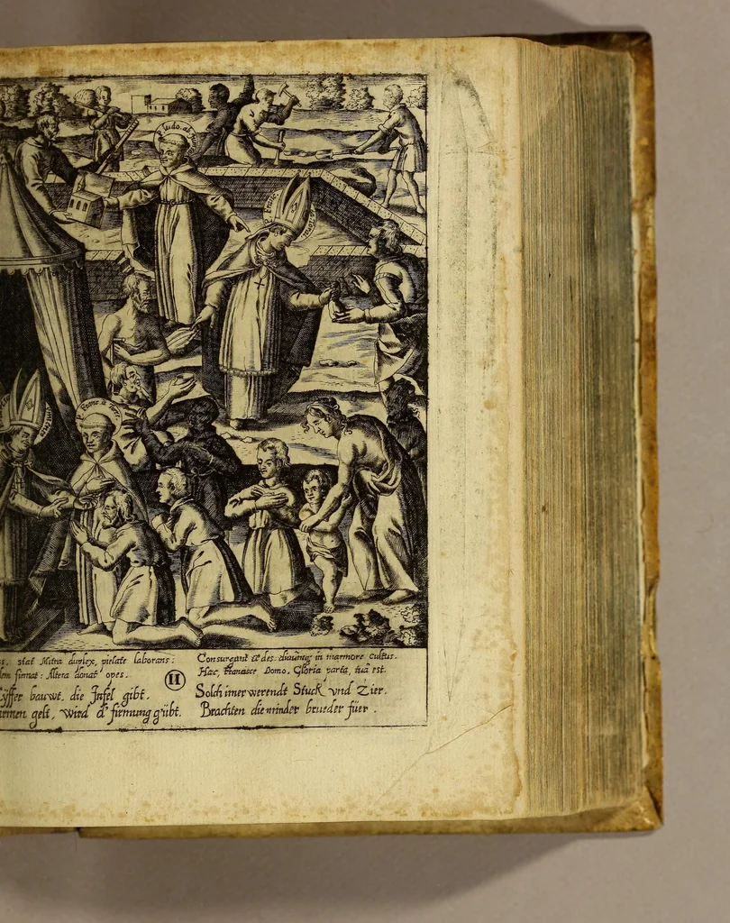 An illustration from Gloriosus Franciscus rediuiuus : siue chronica observantiæ strictioris, reparatæ, reductæ, ac reformatæ; eiusdemque per Christianos orbes, non solùm, sed & Americam, Peru, Chinas, Iapones, Chichemecas, Zatachecas; Indos Orientis, & occidui solis, Turcas, & barbaras gentes, diffusæ, & euangelio fructificantis. Distincta VI. libris, & 28. figuris æneis ornata, 1625, leaf 327