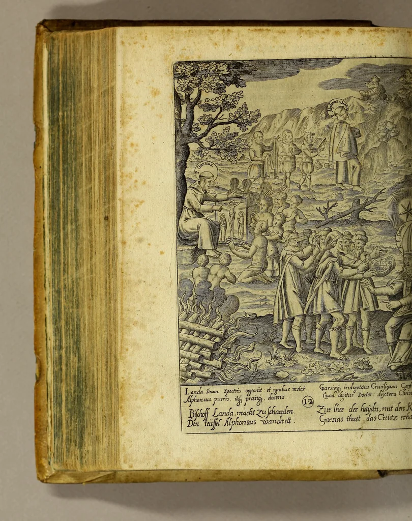 An illustration from Gloriosus Franciscus rediuiuus : siue chronica observantiæ strictioris, reparatæ, reductæ, ac reformatæ; eiusdemque per Christianos orbes, non solùm, sed & Americam, Peru, Chinas, Iapones, Chichemecas, Zatachecas; Indos Orientis, & occidui solis, Turcas, & barbaras gentes, diffusæ, & euangelio fructificantis. Distincta VI. libris, & 28. figuris æneis ornata, 1625, leaf 358