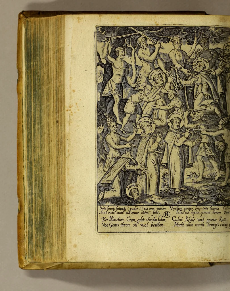 An illustration from Gloriosus Franciscus rediuiuus : siue chronica observantiæ strictioris, reparatæ, reductæ, ac reformatæ; eiusdemque per Christianos orbes, non solùm, sed & Americam, Peru, Chinas, Iapones, Chichemecas, Zatachecas; Indos Orientis, & occidui solis, Turcas, & barbaras gentes, diffusæ, & euangelio fructificantis. Distincta VI. libris, & 28. figuris æneis ornata, 1625, leaf 376