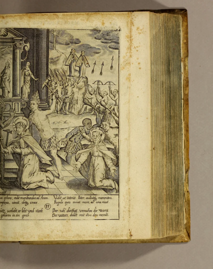 An illustration from Gloriosus Franciscus rediuiuus : siue chronica observantiæ strictioris, reparatæ, reductæ, ac reformatæ; eiusdemque per Christianos orbes, non solùm, sed & Americam, Peru, Chinas, Iapones, Chichemecas, Zatachecas; Indos Orientis, & occidui solis, Turcas, & barbaras gentes, diffusæ, & euangelio fructificantis. Distincta VI. libris, & 28. figuris æneis ornata, 1625, leaf 385