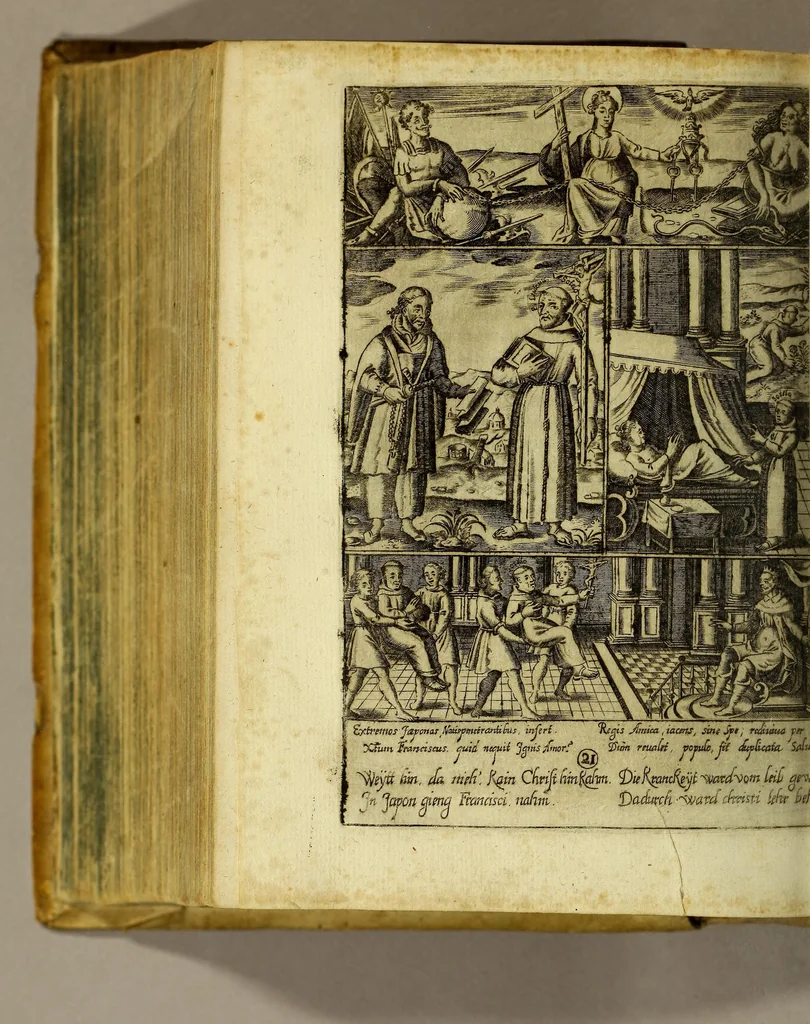 An illustration from Gloriosus Franciscus rediuiuus : siue chronica observantiæ strictioris, reparatæ, reductæ, ac reformatæ; eiusdemque per Christianos orbes, non solùm, sed & Americam, Peru, Chinas, Iapones, Chichemecas, Zatachecas; Indos Orientis, & occidui solis, Turcas, & barbaras gentes, diffusæ, & euangelio fructificantis. Distincta VI. libris, & 28. figuris æneis ornata, 1625, leaf 640