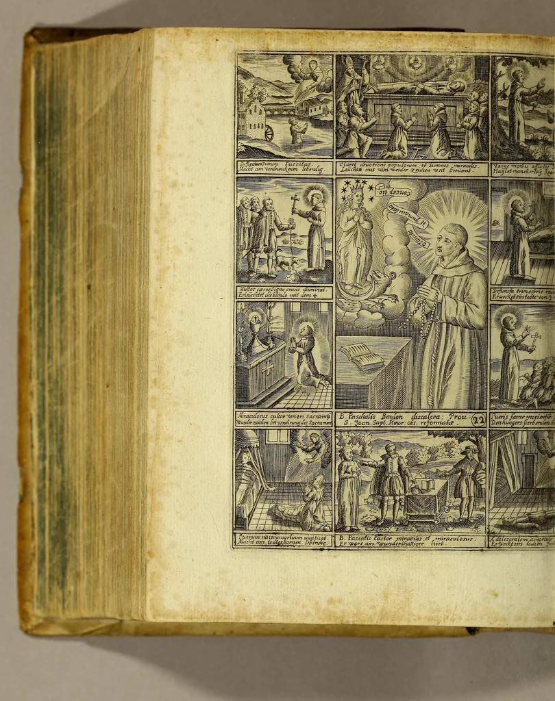 An illustration from Gloriosus Franciscus rediuiuus : siue chronica observantiæ strictioris, reparatæ, reductæ, ac reformatæ; eiusdemque per Christianos orbes, non solùm, sed & Americam, Peru, Chinas, Iapones, Chichemecas, Zatachecas; Indos Orientis, & occidui solis, Turcas, & barbaras gentes, diffusæ, & euangelio fructificantis. Distincta VI. libris, & 28. figuris æneis ornata, 1625, leaf 668