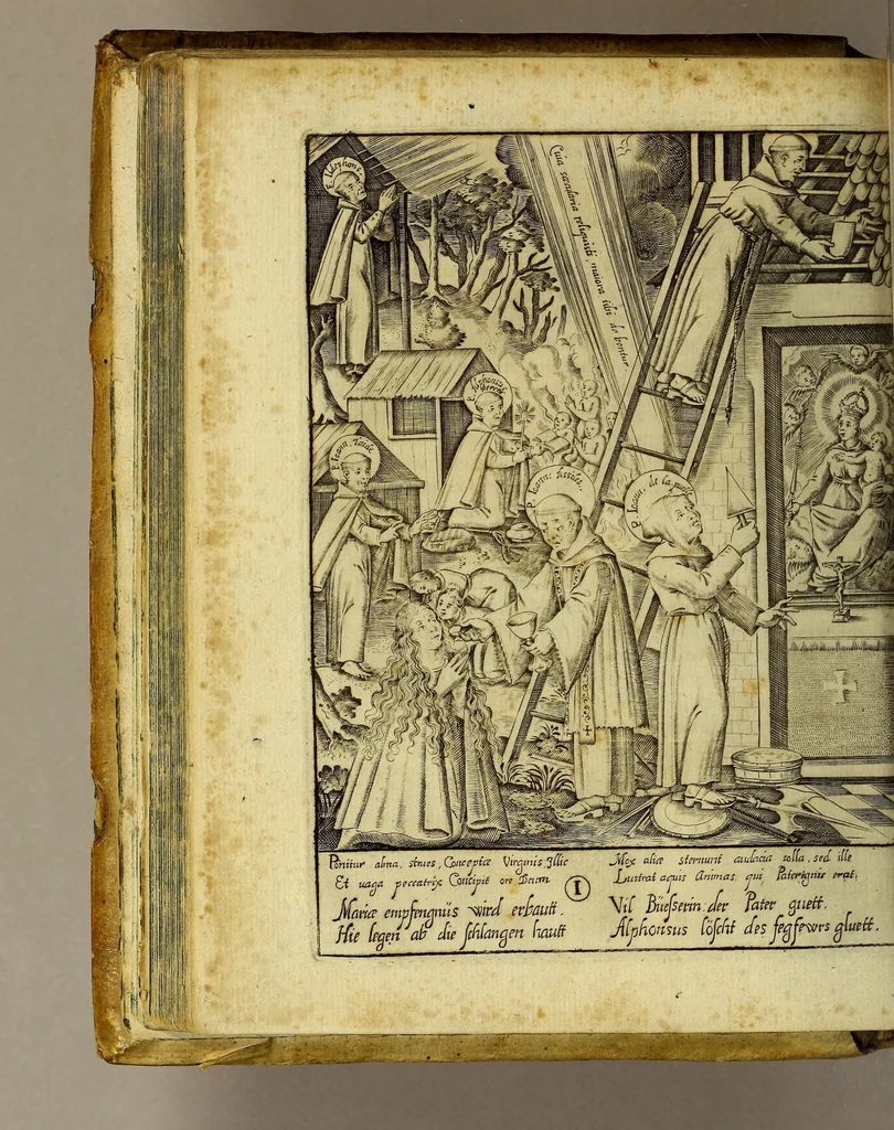 An illustration from Gloriosus Franciscus rediuiuus : siue chronica observantiæ strictioris, reparatæ, reductæ, ac reformatæ; eiusdemque per Christianos orbes, non solùm, sed & Americam, Peru, Chinas, Iapones, Chichemecas, Zatachecas; Indos Orientis, & occidui solis, Turcas, & barbaras gentes, diffusæ, & euangelio fructificantis. Distincta VI. libris, & 28. figuris æneis ornata, 1625, leaf 68
