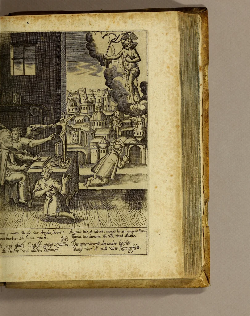 An illustration from Gloriosus Franciscus rediuiuus : siue chronica observantiæ strictioris, reparatæ, reductæ, ac reformatæ; eiusdemque per Christianos orbes, non solùm, sed & Americam, Peru, Chinas, Iapones, Chichemecas, Zatachecas; Indos Orientis, & occidui solis, Turcas, & barbaras gentes, diffusæ, & euangelio fructificantis. Distincta VI. libris, & 28. figuris æneis ornata, 1625, leaf 721