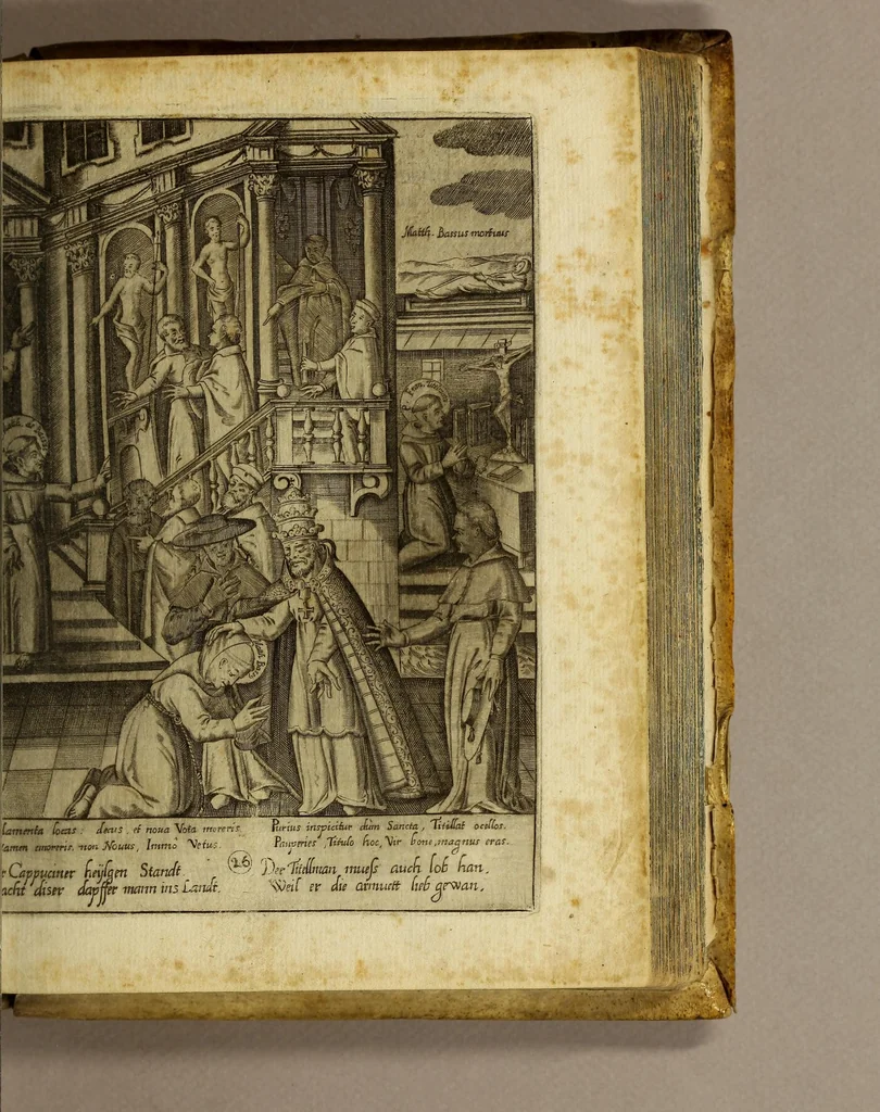 An illustration from Gloriosus Franciscus rediuiuus : siue chronica observantiæ strictioris, reparatæ, reductæ, ac reformatæ; eiusdemque per Christianos orbes, non solùm, sed & Americam, Peru, Chinas, Iapones, Chichemecas, Zatachecas; Indos Orientis, & occidui solis, Turcas, & barbaras gentes, diffusæ, & euangelio fructificantis. Distincta VI. libris, & 28. figuris æneis ornata, 1625, leaf 781