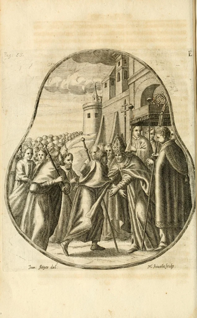 An illustration from Gloriosus Sanctus Romedius : ex comitibus de Thaur Andek, & Altae Guardiae dominis, vallis Annaniae in Tyroli apostolus, magnus thaumaturgus, & anachoreta, quem similem fecit Dominus in gloria sanctorum, & beatificavit illum in gloria (Eccli. 45) : nec non gloriosa domus comitum de Thun, illo Aggaei prophetae condecorata vaticinio, magna erit gloria domus istius (Cap. 2), 1699, leaf 100