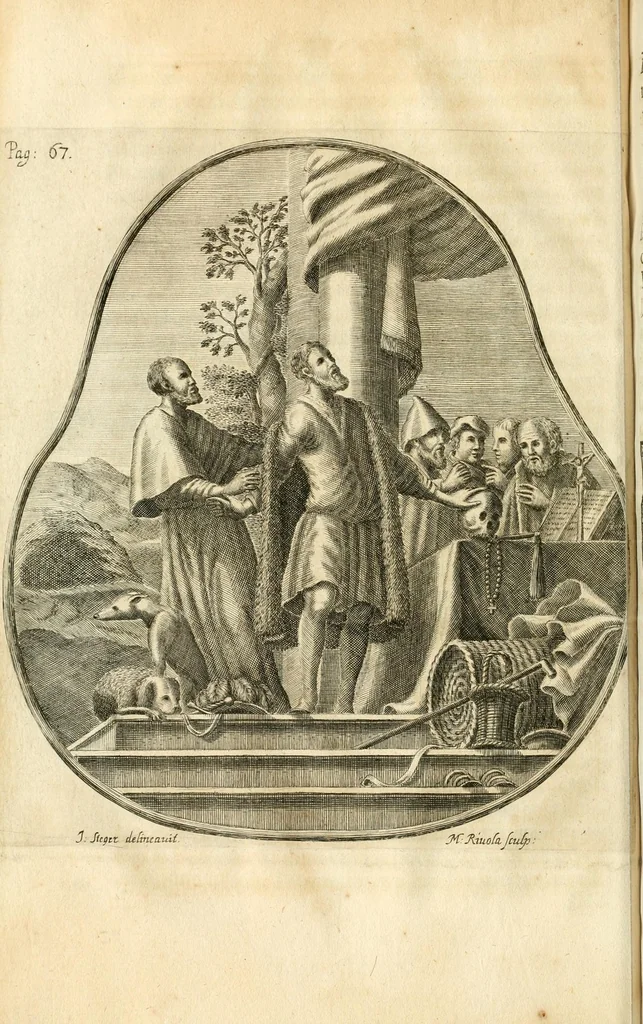 An illustration from Gloriosus Sanctus Romedius : ex comitibus de Thaur Andek, & Altae Guardiae dominis, vallis Annaniae in Tyroli apostolus, magnus thaumaturgus, & anachoreta, quem similem fecit Dominus in gloria sanctorum, & beatificavit illum in gloria (Eccli. 45) : nec non gloriosa domus comitum de Thun, illo Aggaei prophetae condecorata vaticinio, magna erit gloria domus istius (Cap. 2), 1699, leaf 114