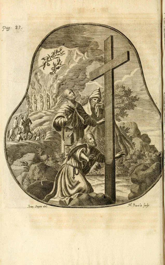 An illustration from Gloriosus Sanctus Romedius : ex comitibus de Thaur Andek, & Altae Guardiae dominis, vallis Annaniae in Tyroli apostolus, magnus thaumaturgus, & anachoreta, quem similem fecit Dominus in gloria sanctorum, & beatificavit illum in gloria (Eccli. 45) : nec non gloriosa domus comitum de Thun, illo Aggaei prophetae condecorata vaticinio, magna erit gloria domus istius (Cap. 2), 1699, leaf 136