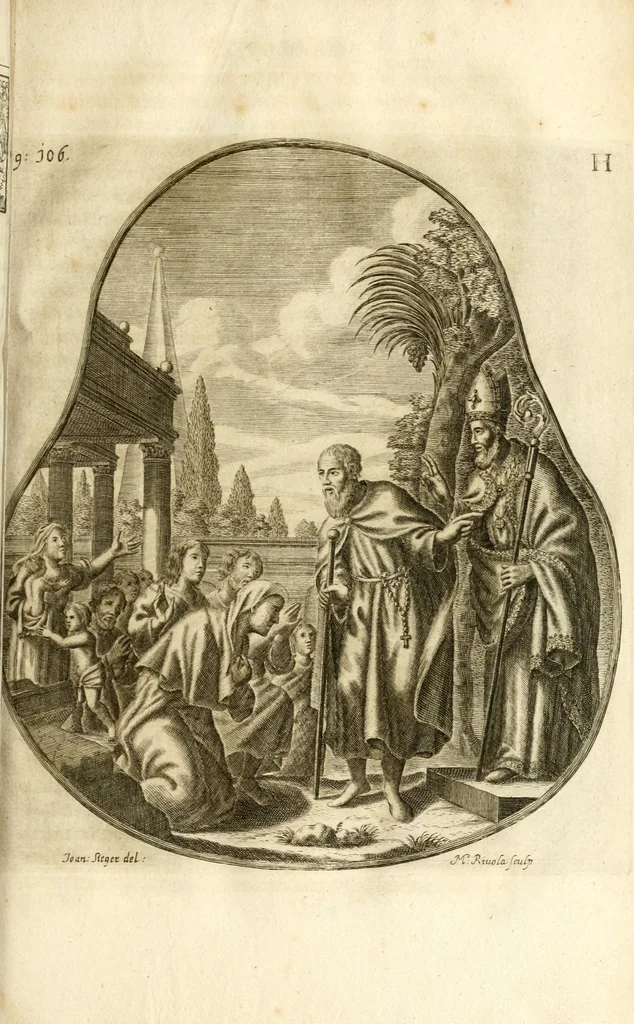 An illustration from Gloriosus Sanctus Romedius : ex comitibus de Thaur Andek, & Altae Guardiae dominis, vallis Annaniae in Tyroli apostolus, magnus thaumaturgus, & anachoreta, quem similem fecit Dominus in gloria sanctorum, & beatificavit illum in gloria (Eccli. 45) : nec non gloriosa domus comitum de Thun, illo Aggaei prophetae condecorata vaticinio, magna erit gloria domus istius (Cap. 2), 1699, leaf 157