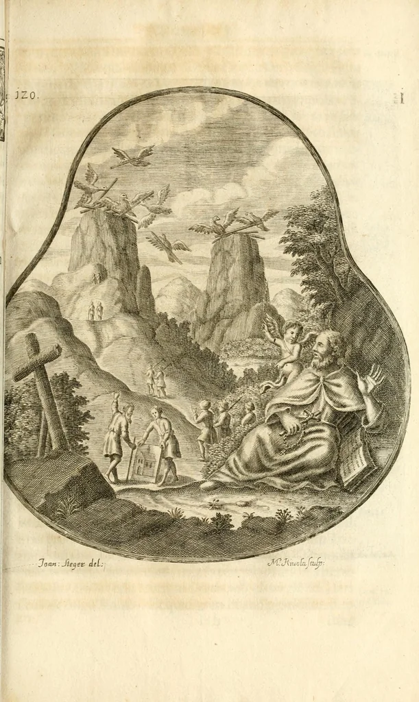 An illustration from Gloriosus Sanctus Romedius : ex comitibus de Thaur Andek, & Altae Guardiae dominis, vallis Annaniae in Tyroli apostolus, magnus thaumaturgus, & anachoreta, quem similem fecit Dominus in gloria sanctorum, & beatificavit illum in gloria (Eccli. 45) : nec non gloriosa domus comitum de Thun, illo Aggaei prophetae condecorata vaticinio, magna erit gloria domus istius (Cap. 2), 1699, leaf 173