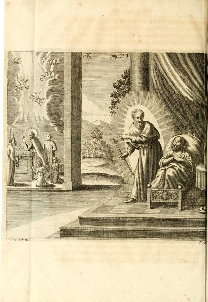 An illustration from Gloriosus Sanctus Romedius : ex comitibus de Thaur Andek, & Altae Guardiae dominis, vallis Annaniae in Tyroli apostolus, magnus thaumaturgus, & anachoreta, quem similem fecit Dominus in gloria sanctorum, & beatificavit illum in gloria (Eccli. 45) : nec non gloriosa domus comitum de Thun, illo Aggaei prophetae condecorata vaticinio, magna erit gloria domus istius (Cap. 2), 1699, leaf 178