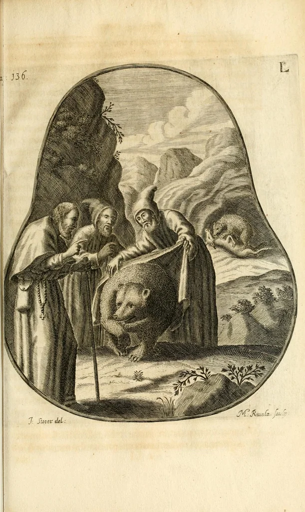 An illustration from Gloriosus Sanctus Romedius : ex comitibus de Thaur Andek, & Altae Guardiae dominis, vallis Annaniae in Tyroli apostolus, magnus thaumaturgus, & anachoreta, quem similem fecit Dominus in gloria sanctorum, & beatificavit illum in gloria (Eccli. 45) : nec non gloriosa domus comitum de Thun, illo Aggaei prophetae condecorata vaticinio, magna erit gloria domus istius (Cap. 2), 1699, leaf 193