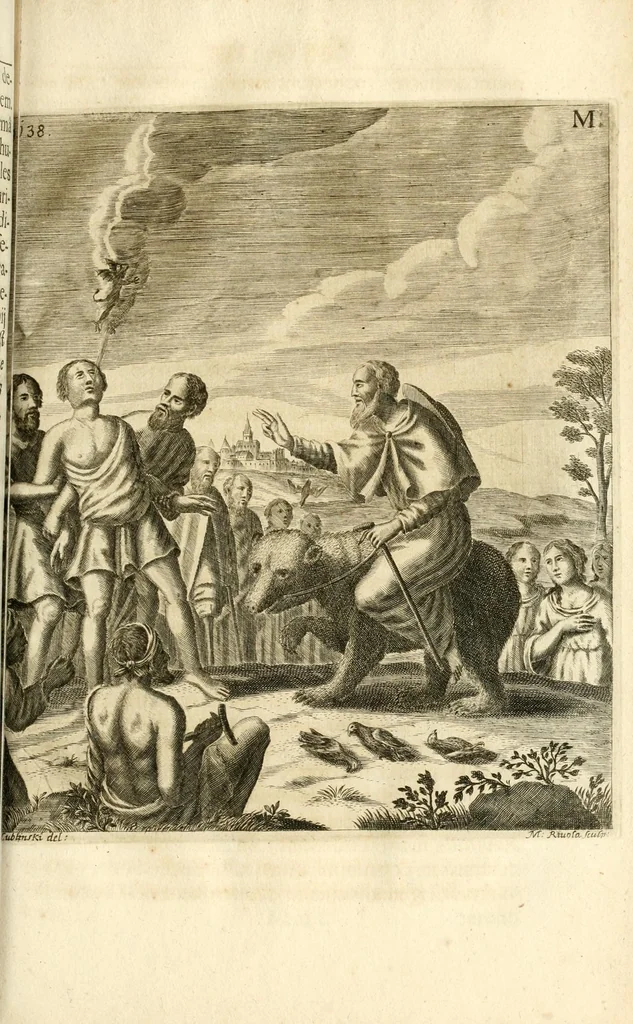 An illustration from Gloriosus Sanctus Romedius : ex comitibus de Thaur Andek, & Altae Guardiae dominis, vallis Annaniae in Tyroli apostolus, magnus thaumaturgus, & anachoreta, quem similem fecit Dominus in gloria sanctorum, & beatificavit illum in gloria (Eccli. 45) : nec non gloriosa domus comitum de Thun, illo Aggaei prophetae condecorata vaticinio, magna erit gloria domus istius (Cap. 2), 1699, leaf 197