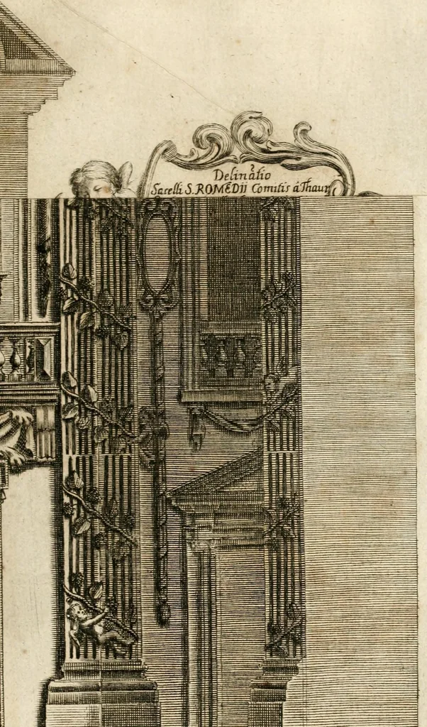An illustration from Gloriosus Sanctus Romedius : ex comitibus de Thaur Andek, & Altae Guardiae dominis, vallis Annaniae in Tyroli apostolus, magnus thaumaturgus, & anachoreta, quem similem fecit Dominus in gloria sanctorum, & beatificavit illum in gloria (Eccli. 45) : nec non gloriosa domus comitum de Thun, illo Aggaei prophetae condecorata vaticinio, magna erit gloria domus istius (Cap. 2), 1699, leaf 225
