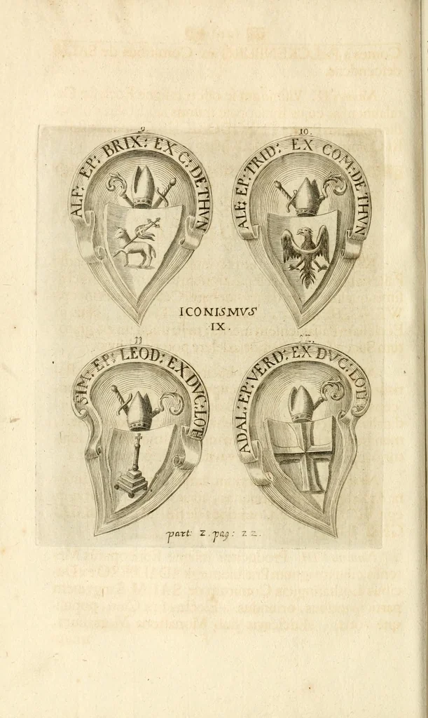 An illustration from Gloriosus Sanctus Romedius : ex comitibus de Thaur Andek, & Altae Guardiae dominis, vallis Annaniae in Tyroli apostolus, magnus thaumaturgus, & anachoreta, quem similem fecit Dominus in gloria sanctorum, & beatificavit illum in gloria (Eccli. 45) : nec non gloriosa domus comitum de Thun, illo Aggaei prophetae condecorata vaticinio, magna erit gloria domus istius (Cap. 2), 1699, leaf 262