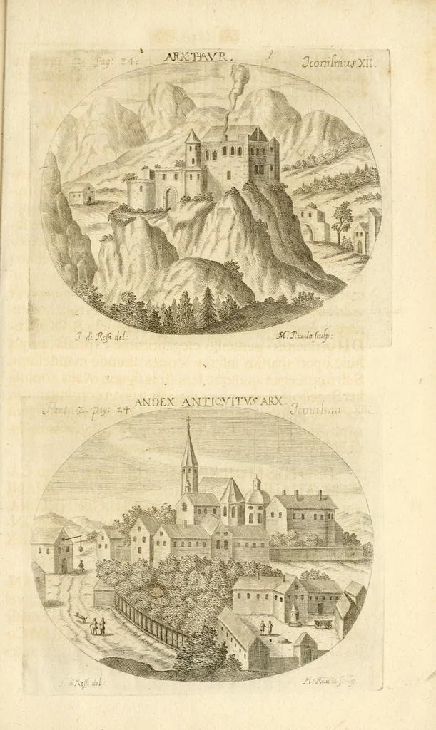 An illustration from Gloriosus Sanctus Romedius : ex comitibus de Thaur Andek, & Altae Guardiae dominis, vallis Annaniae in Tyroli apostolus, magnus thaumaturgus, & anachoreta, quem similem fecit Dominus in gloria sanctorum, & beatificavit illum in gloria (Eccli. 45) : nec non gloriosa domus comitum de Thun, illo Aggaei prophetae condecorata vaticinio, magna erit gloria domus istius (Cap. 2), 1699, leaf 271