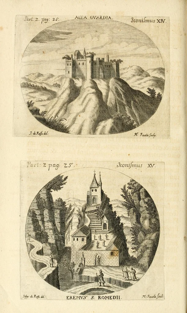 An illustration from Gloriosus Sanctus Romedius : ex comitibus de Thaur Andek, & Altae Guardiae dominis, vallis Annaniae in Tyroli apostolus, magnus thaumaturgus, & anachoreta, quem similem fecit Dominus in gloria sanctorum, & beatificavit illum in gloria (Eccli. 45) : nec non gloriosa domus comitum de Thun, illo Aggaei prophetae condecorata vaticinio, magna erit gloria domus istius (Cap. 2), 1699, leaf 274