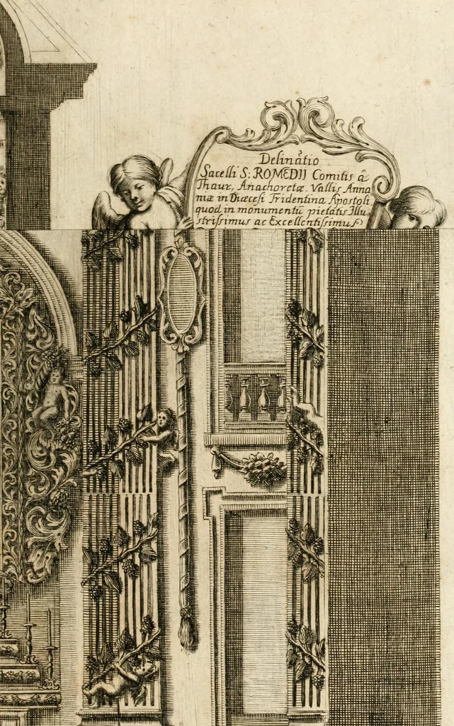 An illustration from Gloriosus Sanctus Romedius : ex comitibus de Thaur Andek, & Altae Guardiae dominis, vallis Annaniae in Tyroli apostolus, magnus thaumaturgus, & anachoreta, quem similem fecit Dominus in gloria sanctorum, & beatificavit illum in gloria (Eccli. 45) : nec non gloriosa domus comitum de Thun, illo Aggaei prophetae condecorata vaticinio, magna erit gloria domus istius (Cap. 2), 1699, leaf 287