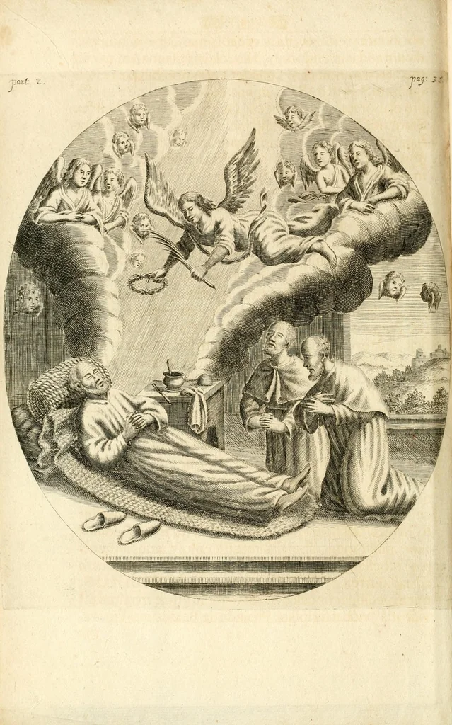 An illustration from Gloriosus Sanctus Romedius : ex comitibus de Thaur Andek, & Altae Guardiae dominis, vallis Annaniae in Tyroli apostolus, magnus thaumaturgus, & anachoreta, quem similem fecit Dominus in gloria sanctorum, & beatificavit illum in gloria (Eccli. 45) : nec non gloriosa domus comitum de Thun, illo Aggaei prophetae condecorata vaticinio, magna erit gloria domus istius (Cap. 2), 1699, leaf 302