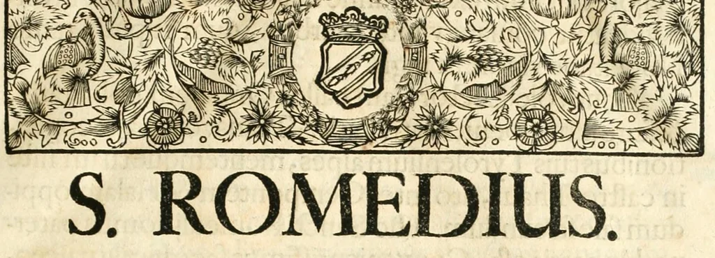 An illustration from Gloriosus Sanctus Romedius : ex comitibus de Thaur Andek, & Altae Guardiae dominis, vallis Annaniae in Tyroli apostolus, magnus thaumaturgus, & anachoreta, quem similem fecit Dominus in gloria sanctorum, & beatificavit illum in gloria (Eccli. 45) : nec non gloriosa domus comitum de Thun, illo Aggaei prophetae condecorata vaticinio, magna erit gloria domus istius (Cap. 2), 1699, leaf 35
