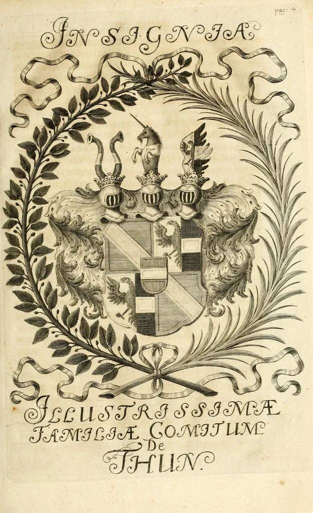 An illustration from Gloriosus Sanctus Romedius : ex comitibus de Thaur Andek, & Altae Guardiae dominis, vallis Annaniae in Tyroli apostolus, magnus thaumaturgus, & anachoreta, quem similem fecit Dominus in gloria sanctorum, & beatificavit illum in gloria (Eccli. 45) : nec non gloriosa domus comitum de Thun, illo Aggaei prophetae condecorata vaticinio, magna erit gloria domus istius (Cap. 2), 1699, leaf 39