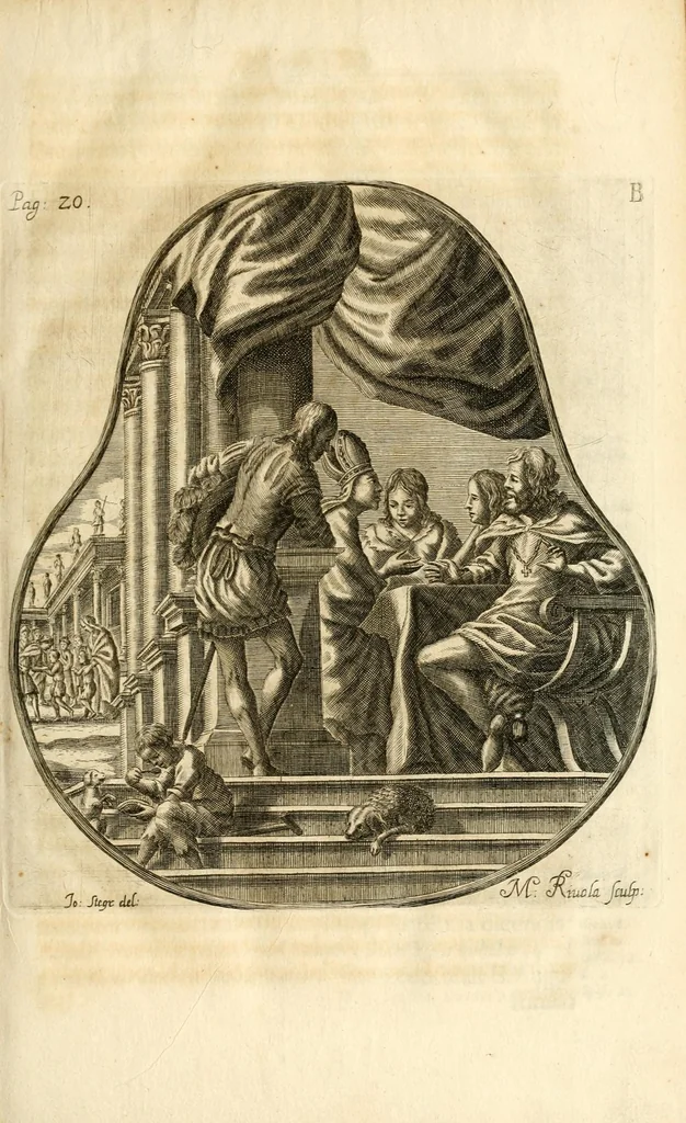 An illustration from Gloriosus Sanctus Romedius : ex comitibus de Thaur Andek, & Altae Guardiae dominis, vallis Annaniae in Tyroli apostolus, magnus thaumaturgus, & anachoreta, quem similem fecit Dominus in gloria sanctorum, & beatificavit illum in gloria (Eccli. 45) : nec non gloriosa domus comitum de Thun, illo Aggaei prophetae condecorata vaticinio, magna erit gloria domus istius (Cap. 2), 1699, leaf 59