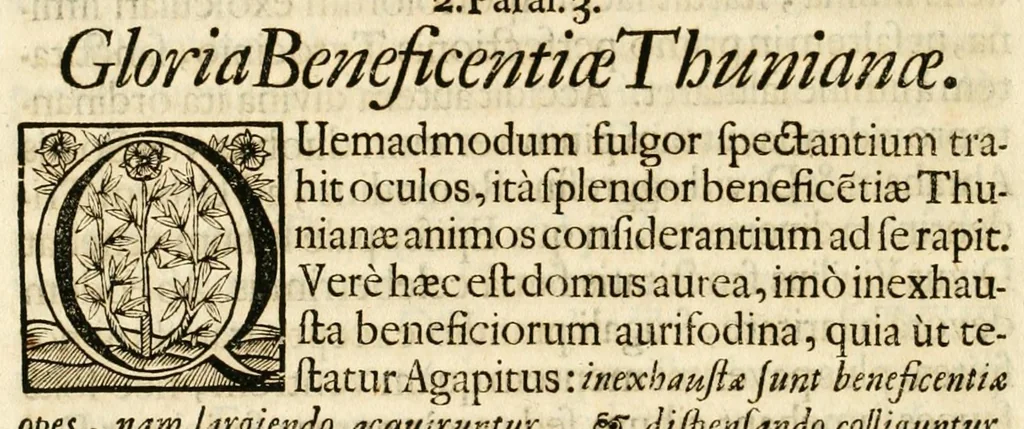 An illustration from Gloriosus Sanctus Romedius : ex comitibus de Thaur Andek, & Altae Guardiae dominis, vallis Annaniae in Tyroli apostolus, magnus thaumaturgus, & anachoreta, quem similem fecit Dominus in gloria sanctorum, & beatificavit illum in gloria (Eccli. 45) : nec non gloriosa domus comitum de Thun, illo Aggaei prophetae condecorata vaticinio, magna erit gloria domus istius (Cap. 2), 1699, leaf 64