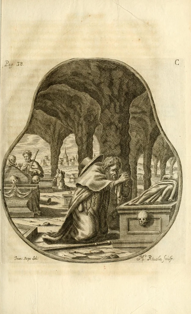 An illustration from Gloriosus Sanctus Romedius : ex comitibus de Thaur Andek, & Altae Guardiae dominis, vallis Annaniae in Tyroli apostolus, magnus thaumaturgus, & anachoreta, quem similem fecit Dominus in gloria sanctorum, & beatificavit illum in gloria (Eccli. 45) : nec non gloriosa domus comitum de Thun, illo Aggaei prophetae condecorata vaticinio, magna erit gloria domus istius (Cap. 2), 1699, leaf 79