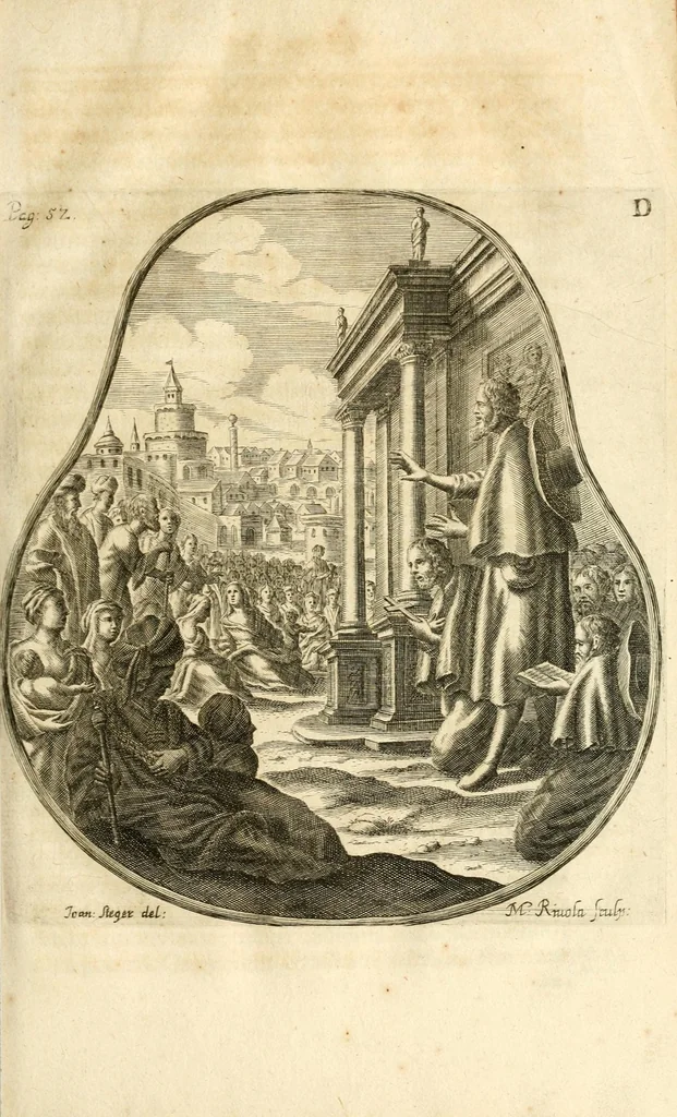 An illustration from Gloriosus Sanctus Romedius : ex comitibus de Thaur Andek, & Altae Guardiae dominis, vallis Annaniae in Tyroli apostolus, magnus thaumaturgus, & anachoreta, quem similem fecit Dominus in gloria sanctorum, & beatificavit illum in gloria (Eccli. 45) : nec non gloriosa domus comitum de Thun, illo Aggaei prophetae condecorata vaticinio, magna erit gloria domus istius (Cap. 2), 1699, leaf 95