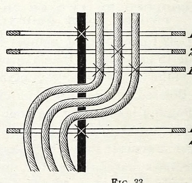 An illustration from Glossary of weaves, elementary textile designing, analysis of cotton fabrics, analysis of woolen and worsted fabrics, twill weaves and derivatives, satin and other weaves, combination weaves, construction of spot weaves, weaves for backed cotton fabrics, woolen and worsted ply weaves, leno weaves, pile weaves, color in textile designing, designing in general, 1906, leaf 372