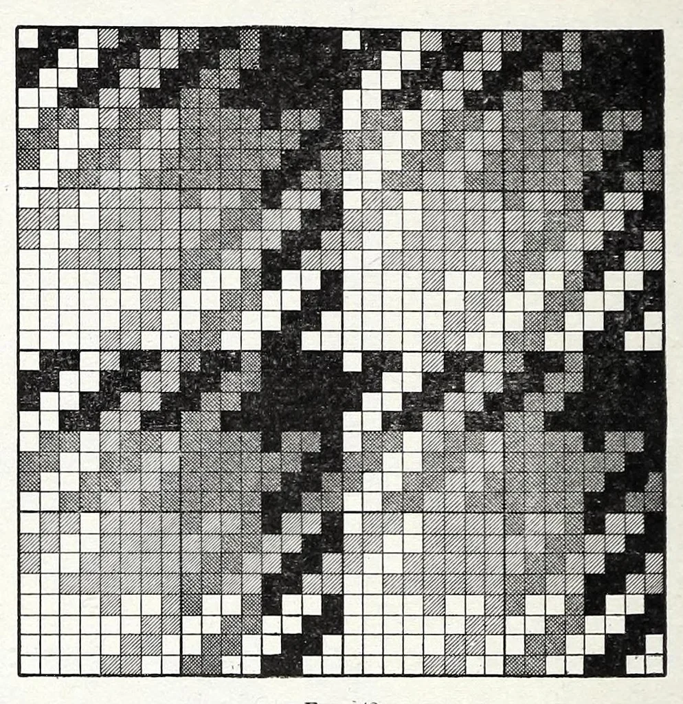 An illustration from Glossary of weaves, elementary textile designing, analysis of cotton fabrics, analysis of woolen and worsted fabrics, twill weaves and derivatives, satin and other weaves, combination weaves, construction of spot weaves, weaves for backed cotton fabrics, woolen and worsted ply weaves, leno weaves, pile weaves, color in textile designing, designing in general, 1906, leaf 478