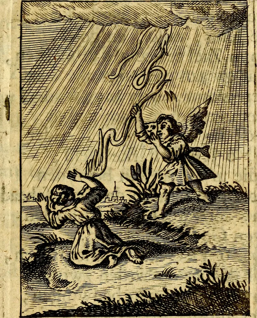 An illustration from Goddelyke liefde-vlammen, van een boetvaardige, geheyligde, liefhebbende, en aan haar selfs-stervende ziele : in drie deelen verdeelt, af-gebeeld door vijftig nette koopere figuuren : neffens haar verzen, aanmerkingen, gezangen, en ziel-zuchtingen, 1711, leaf 100