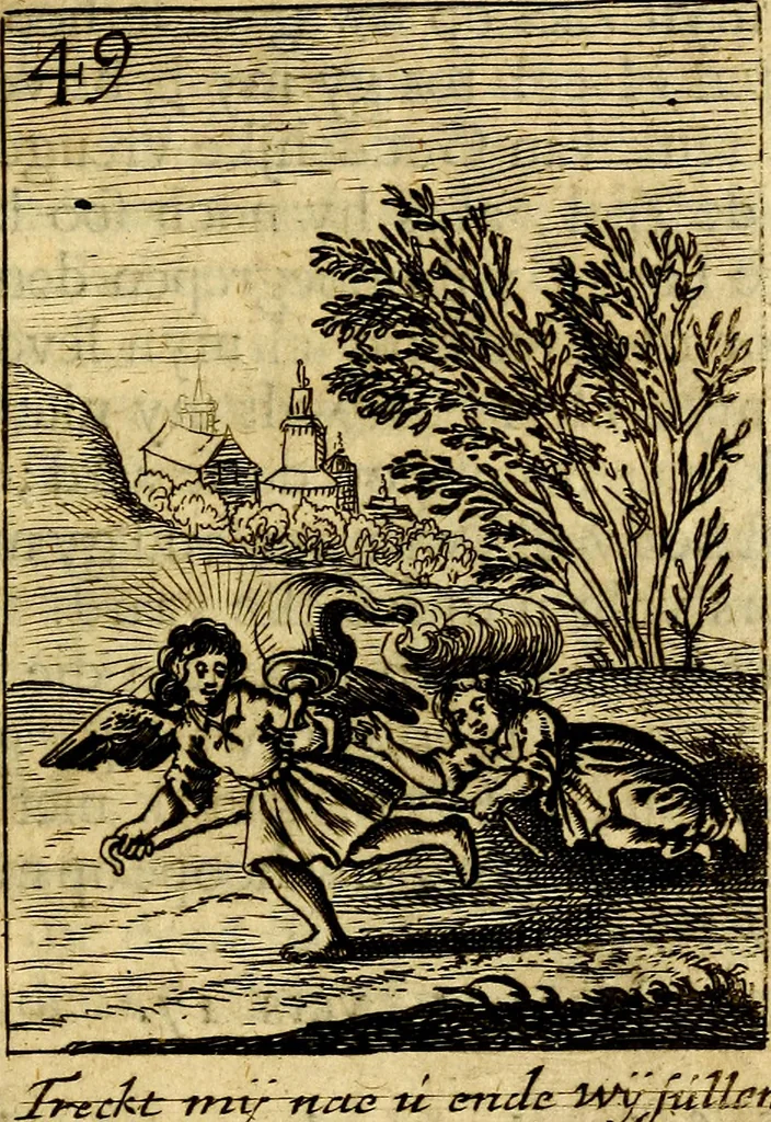 An illustration from Goddelyke liefde-vlammen, van een boetvaardige, geheyligde, liefhebbende, en aan haar selfs-stervende ziele : in drie deelen verdeelt, af-gebeeld door vijftig nette koopere figuuren : neffens haar verzen, aanmerkingen, gezangen, en ziel-zuchtingen, 1711, leaf 108