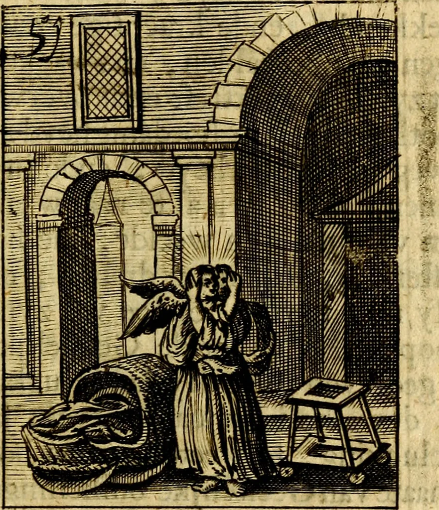 An illustration from Goddelyke liefde-vlammen, van een boetvaardige, geheyligde, liefhebbende, en aan haar selfs-stervende ziele : in drie deelen verdeelt, af-gebeeld door vijftig nette koopere figuuren : neffens haar verzen, aanmerkingen, gezangen, en ziel-zuchtingen, 1711, leaf 112
