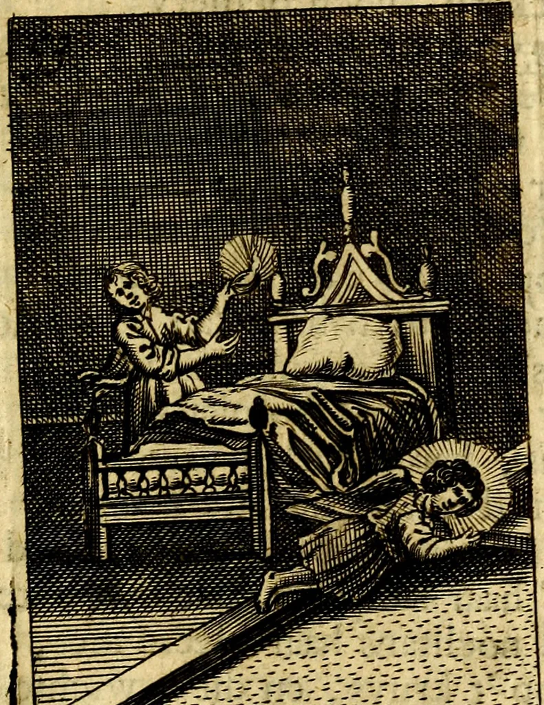 An illustration from Goddelyke liefde-vlammen, van een boetvaardige, geheyligde, liefhebbende, en aan haar selfs-stervende ziele : in drie deelen verdeelt, af-gebeeld door vijftig nette koopere figuuren : neffens haar verzen, aanmerkingen, gezangen, en ziel-zuchtingen, 1711, leaf 116