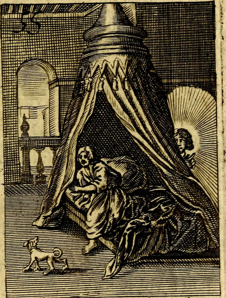 An illustration from Goddelyke liefde-vlammen, van een boetvaardige, geheyligde, liefhebbende, en aan haar selfs-stervende ziele : in drie deelen verdeelt, af-gebeeld door vijftig nette koopere figuuren : neffens haar verzen, aanmerkingen, gezangen, en ziel-zuchtingen, 1711, leaf 120