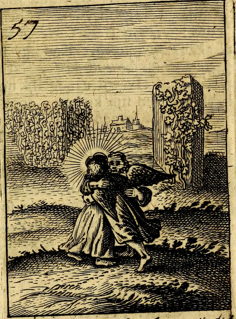 An illustration from Goddelyke liefde-vlammen, van een boetvaardige, geheyligde, liefhebbende, en aan haar selfs-stervende ziele : in drie deelen verdeelt, af-gebeeld door vijftig nette koopere figuuren : neffens haar verzen, aanmerkingen, gezangen, en ziel-zuchtingen, 1711, leaf 124