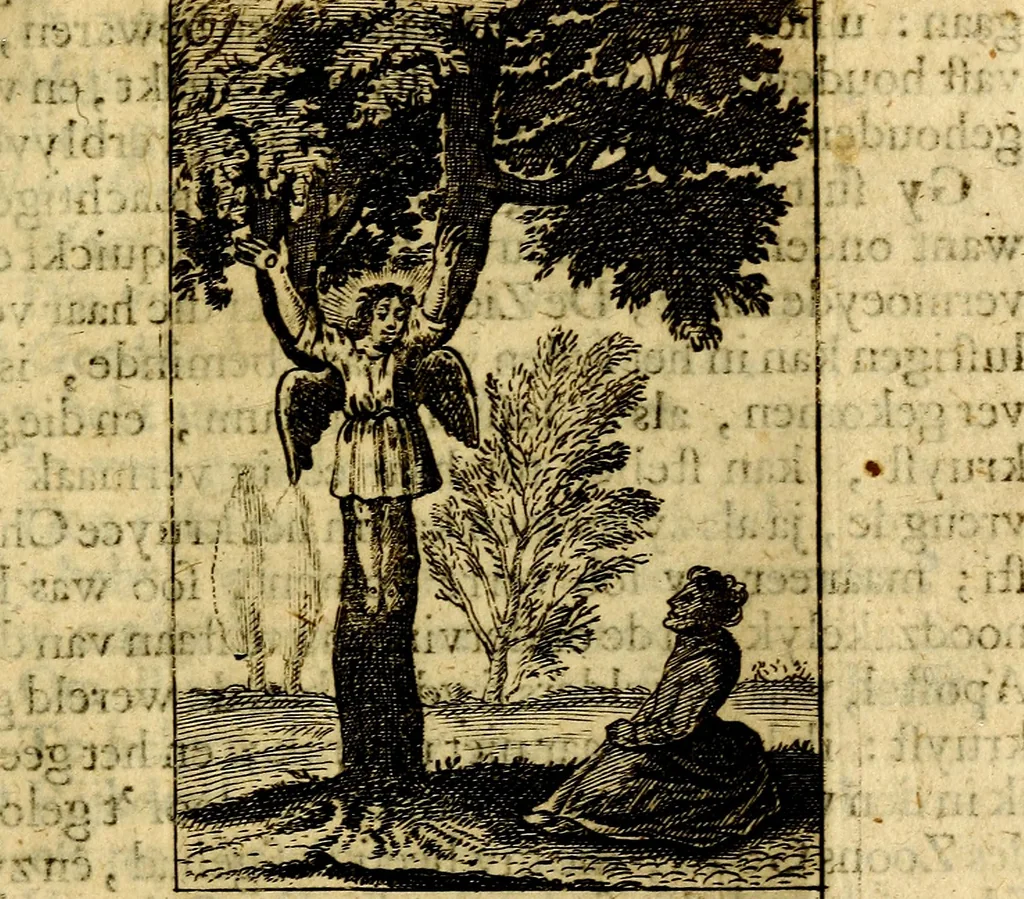 An illustration from Goddelyke liefde-vlammen, van een boetvaardige, geheyligde, liefhebbende, en aan haar selfs-stervende ziele : in drie deelen verdeelt, af-gebeeld door vijftig nette koopere figuuren : neffens haar verzen, aanmerkingen, gezangen, en ziel-zuchtingen, 1711, leaf 132
